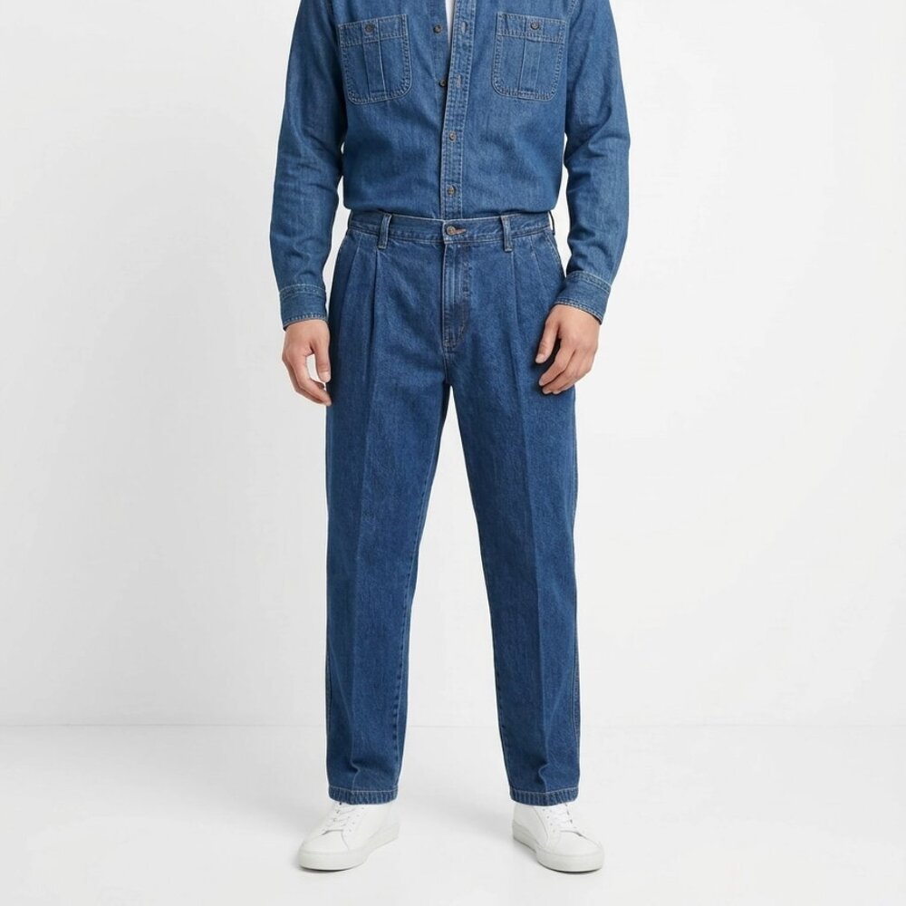 Unknown Source Men's Blue Pleated Straight Leg Slit Pockets Dress Jeans Size XL